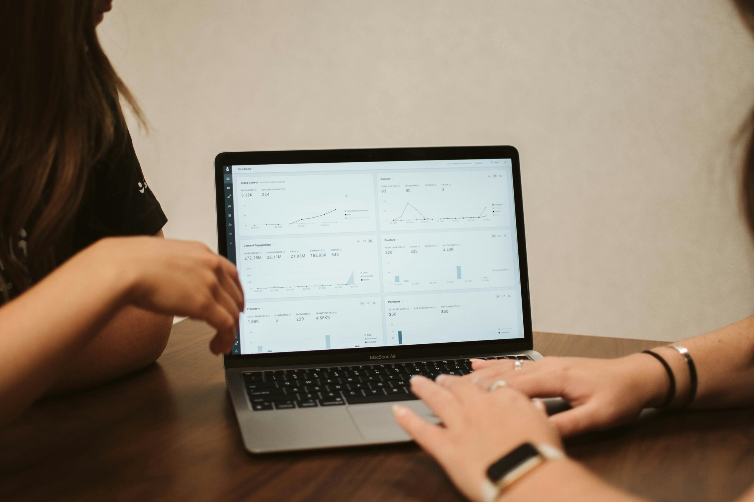 'Laptop displaying business performance charts beside a notebook on a desk.