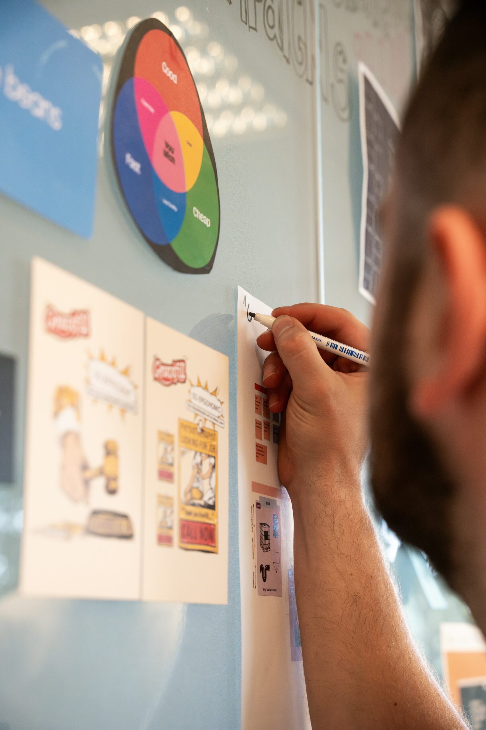 Man writing on a board with charts